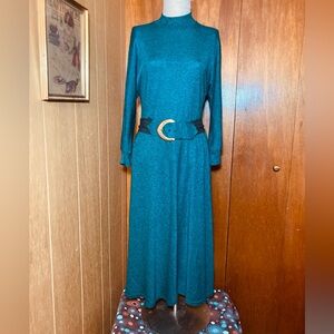 Vintage 80s 90s Teal Long Sleeve Dress with Belt